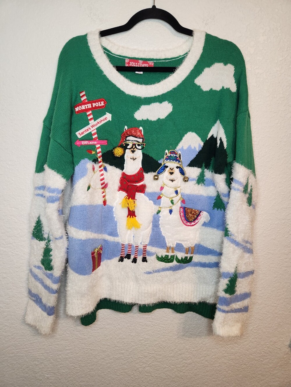 Jollidays Women's Green Holiday Sweater Festive Llama Design XLUgly sweater